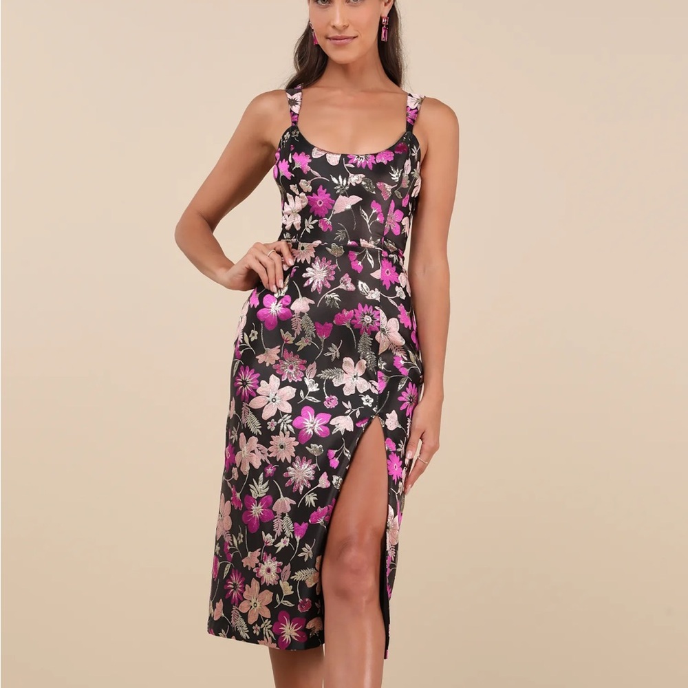 Lulu's Immaculate Chicness Black Floral Brocade Midi Dress